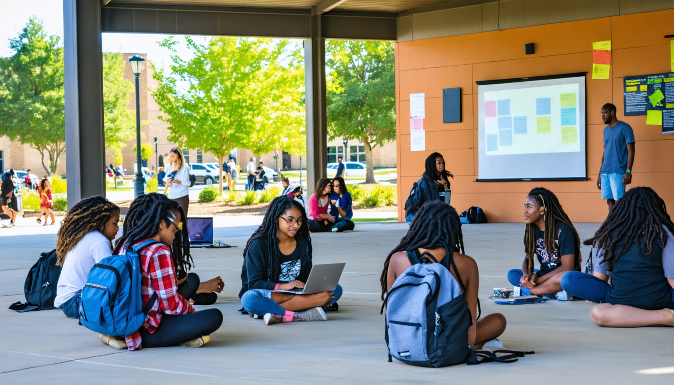 /imagine prompt: A vibrant college campus bustling with diverse students engaging in creative activities related to script writing. In an outdoor pavilion, students collaboratively work on open laptops and notepads, brainstorming ideas for their screenplays. Nearby, a makeshift stage hosts a small group presenting scenes to a captivated audience. Posters for workshops and internships line the walls, and a renowned script mentor interacts with students over coffee in a relaxed setting. The scene captures an atmosphere of creativity, collaboration, and opportunity in a script writing major program.