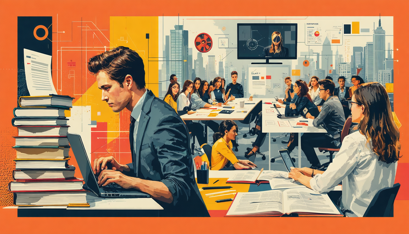 Create an image that depicts a vibrant scene illustrating the diverse career prospects for graduates of a script writing major. The focal point is a dynamic collage showcasing various pathways: a screenwriter typing on a laptop amid stacks of scripts, a playwright directing actors on a small theater stage, a TV writer brainstorming in a bustling writers