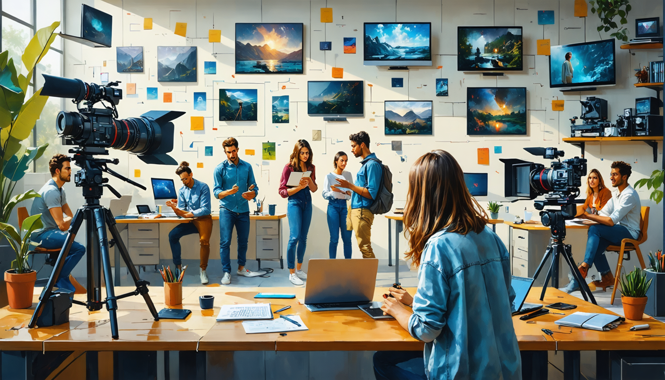 Create an image depicting a vibrant scene filled with diverse people engaged in various creative activities all related to potential career opportunities in screenwriting. Showcase individuals working on film sets, behind the camera, in writers
