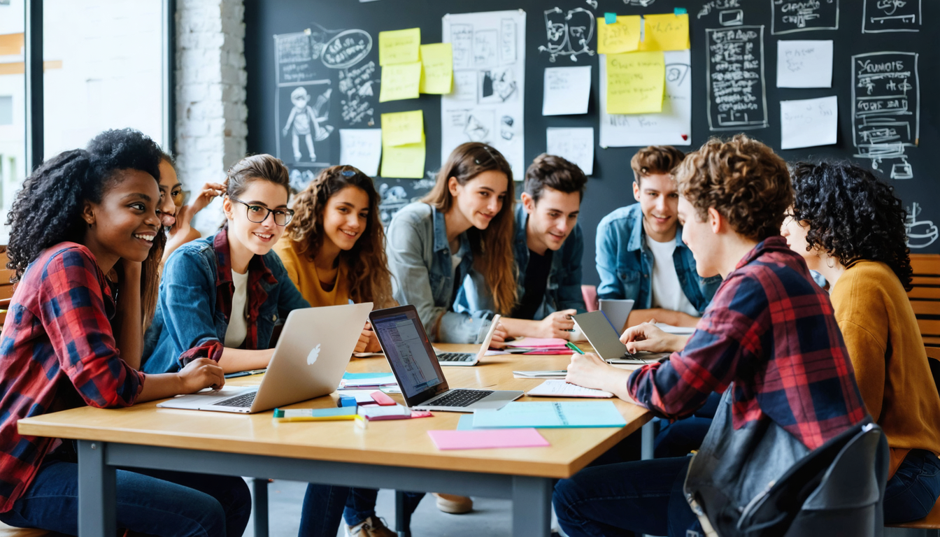 Create an image of a diverse group of students sitting around a table in a lively classroom setting, passionately engaged in a screenwriting workshop. They are surrounded by scripts, laptops, and brainstorming notes pinned on walls. Illustrate their expressions of deep concentration and creativity as they develop compelling narratives and intriguing characters. In the background, there are inspiring posters of classic films and storytelling elements. The ambiance should reflect the vibrant and collaborative environment of a Bachelor of Fine Arts in screenwriting program, highlighting the development of narrative storytelling, character creation, and critical thinking skills.