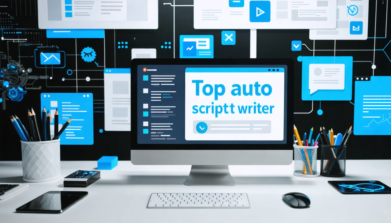 Create an image showcasing a collection of top auto script writer online tools, each represented by an iconic digital interface or logo. Display a diverse array of screens and applications open on a sleek digital workspace, highlighting key features and user-friendliness. Add visual elements such as user-friendly menus, customizable templates, and intuitive drag-and-drop options to emphasize the efficiency and accessibility of these tools. Include subtle pros and cons symbols to suggest a comparative analysis of the different platforms, capturing the essence of the modern digital writing landscape.