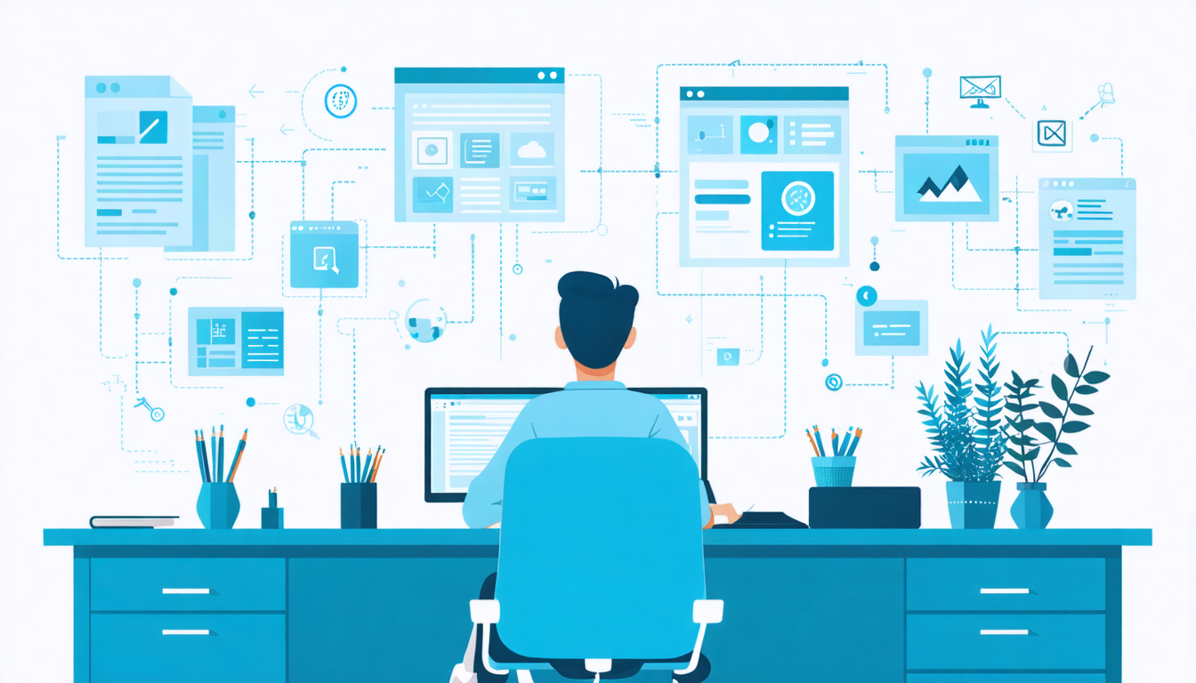 Create an image that visually represents the process of choosing the right auto script writer online tool. The scene shows a person sitting at a desk, contemplating various digital interfaces floating around them. Each interface displays different features such as budget, usability, and output quality. Include elements that symbolize content goals, such as icons for different types of writing (film script, blog post, play), to show the person