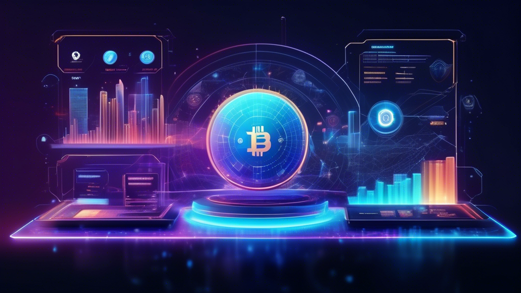 Create an image of a futuristic digital interface showcasing an interactive comparison of the top 5 crypto exchanges of 2023. The scene should display holographic charts and graphs highlighting key features such as security measures, platform functionality, and user reviews. Include visual elements like icons representing different cryptocurrencies and futuristic cityscapes in the background to convey the innovation and technological advancement of these leading crypto exchanges. The interface should be sleek, modern, and user-friendly, emphasizing why these exchanges top the list in 2023.