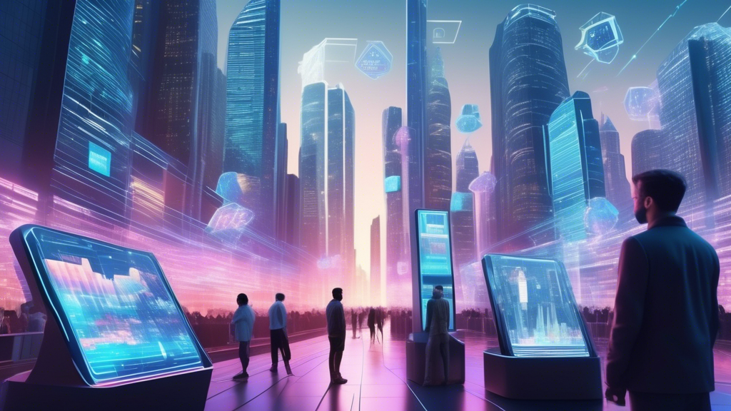 Create an image of a futuristic cityscape where digital holograms of various mineable coins, like Bitcoin and Ethereum, are prominently displayed on towering buildings. In the foreground, individuals and robots interact with virtual trading screens, showcasing evolving market trends and user adoption rates. The scene should include a digital ticker displaying relevant regulatory updates in various countries, hinting at their impact on future cryptocurrency regulations. The city exudes a blend of advanced technology and financial evolution, symbolizing the role of mineable coins in the future financial ecosystem.