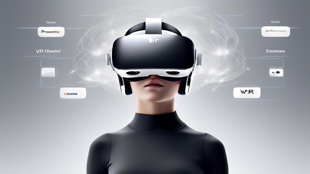 Create an image that visually represents a dynamic comparison between the Apple VR headset and its top competitors, highlighting their pricing tiers. The scene should depict a digital marketplace with floating VR headsets, including the Apple VR prominently. Each headset should have interactive labels showing key features and price points, demonstrating the competitive landscape. The environment should convey a high-tech, futuristic feel, featuring sleek design elements and vibrant colors to emphasize innovation and cutting-edge technology. Include visual indicators, such as arrows or scales, to compare and contrast the prices effectively.