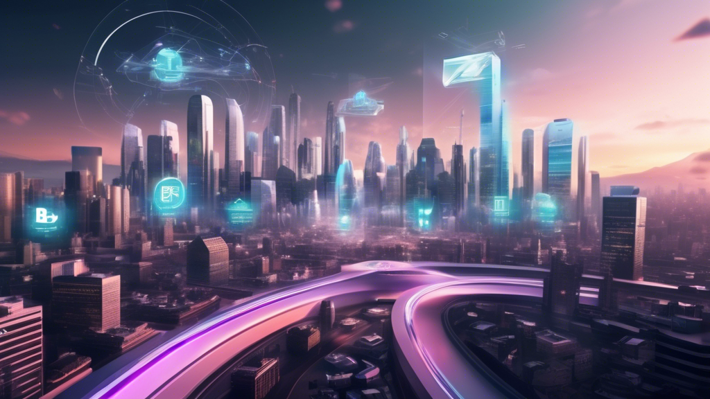 Create an image that captures the concept of future price trends for Apple VR. Imagine a futuristic city skyline with holographic billboards displaying various predicted prices for Apple VR units. The scene is bustling with digital graphs and trend lines floating in the air, suggesting economic forecasts and market discussions. The city exudes an atmosphere of technological advancement and innovation, symbolizing the impact of Apple