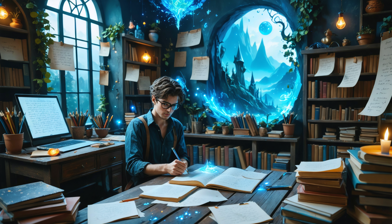 Create an image depicting a bustling, whimsical writer
