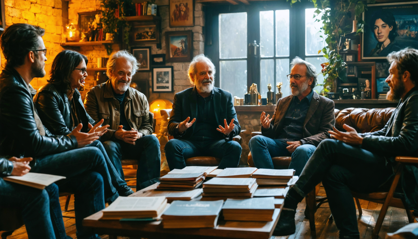 Create an image depicting a lively discussion among a group of successful screenwriters in a cozy, warmly-lit room. The scene is filled with renowned writers known for their iconic scripts, surrounded by stacks of their famous films