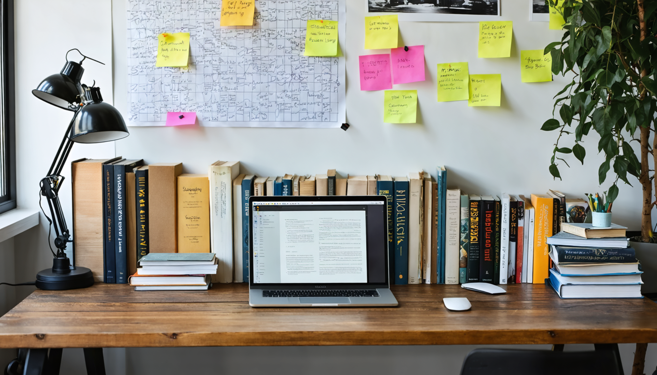 Create an image that showcases a cozy, modern study room filled with the essence of creativity and inspiration for aspiring screenwriters. The room features a large wooden desk stacked with a selection of open screenplays including award-winning titles and diverse genres. A laptop displaying a screenplay writing software is set up on the desk, surrounded by sticky notes with writing tips and ideas. In the background, bookshelves hold classic and contemporary screenplay books with famous titles visible. On the wall, there