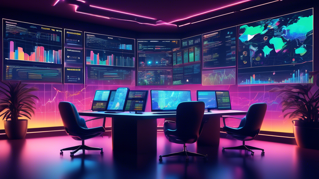 Create an intricate digital illustration showcasing a futuristic, high-tech office space filled with multiple digital screens displaying vibrant market charts, predictive algorithms, and expert financial analyses for cryptocurrency trading. Include elements representing the logos and interfaces of popular crypto trading platforms like Binance Academy, TradingView, and Messari. Convey a sense of innovation and strategic planning, with users engaging interactively with the tools at their desks while a large window overlooks a city skyline bustling with digital energy.