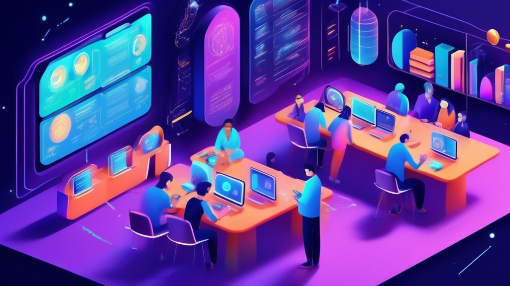 Create an illustration of a futuristic digital library environment, showcasing a diverse group of people engaging with various educational materials related to cryptocurrency. The scene is filled with holographic screens displaying tutorials, webinars, and dynamic charts, each representing content from top educational crypto websites like Investopedia