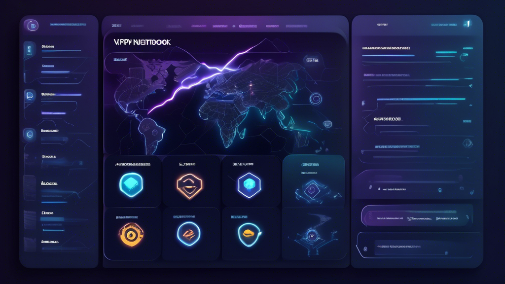 Create an image depicting a sleek, futuristic VPN dashboard interface with prominent icons representing key features such as lightning-fast connection speeds, robust security protocols indicated by a shield, wide server availability shown as a global network map, and a no-log policy symbolized by a crossed-out log book. In the background, weave in elements of a dynamic and intense BGMI gaming scene, connecting how these VPN features enhance the digital battleground experience. Design this interface as highly interactive, aiming to attract gamers looking for optimal performance and security while playing BGMI.