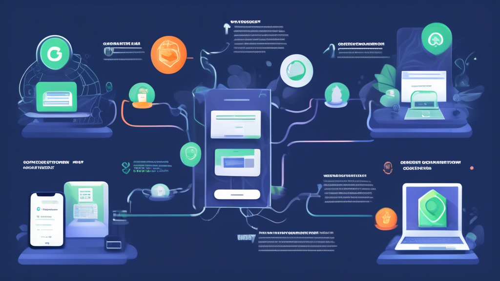 Create an informative and visually engaging image that illustrates a step-by-step guide on how to start using GhostVPN. The image should include a flowchart or infographic style, with clear sections showing the process of registration, installation, configuration settings for maximizing privacy, and common troubleshooting tips. Use a modern and tech-savvy design, incorporating elements like a computer, mobile device, and lock icons to symbolize privacy and security. The color scheme should be in gradients of blue and green, reflecting a sense of trust and safety. The text should be minimal but clear, focusing on key phrases like Registration, Installation, Configuration, and Troubleshooting.