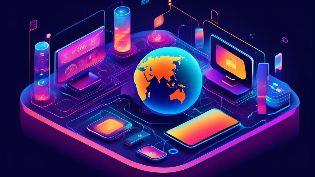 Create an artistic and detailed digital illustration featuring various devices such as a smart TV, smartphone, laptop, and gaming console, each connecting to the globe via seamless streams of data. These streams should visually represent the connections as vibrant, glowing lines that intertwine around a list of the top smart DNS providers for 2023. Include subtle elements to show unique features of these providers like icons for speed, security, and cross-platform compatibility. The background should blend modern technology motifs with a world map, highlighting the global reach and accessibility enabled by the best smart DNS providers.