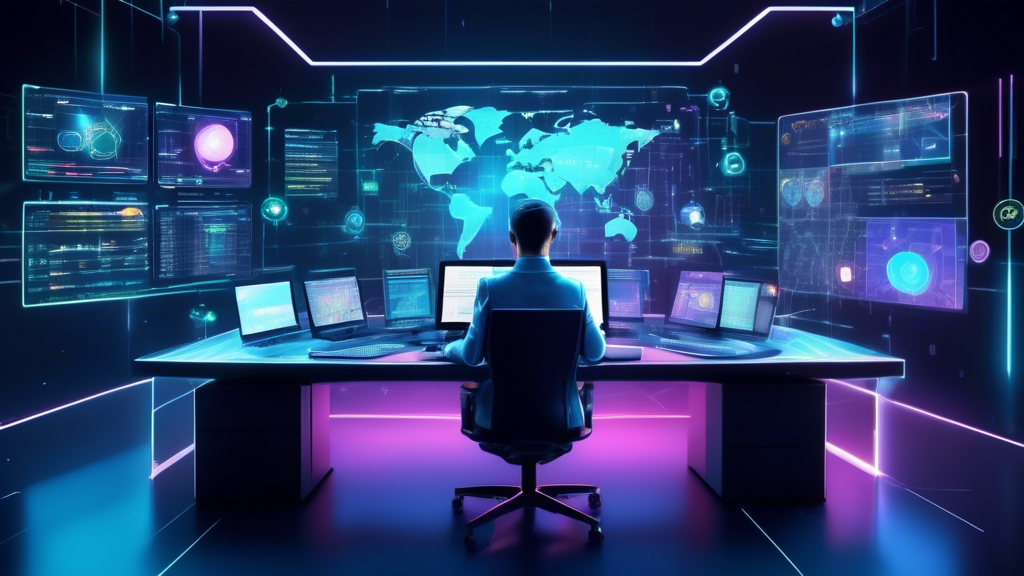 Create an image of a futuristic digital workspace filled with holographic displays showcasing various popular AI tools and platforms specifically designed for crypto trading. Include visual elements representing algorithmic trading, predictive analytics, and automated trading systems. The workspace should feature an individual deeply engaged in managing these AI-enabled strategies, adjusting settings and customizing their trading tactics. The setting should feel tech-savvy and dynamic, highlighting the integration of advanced technology in cryptocurrency trading.