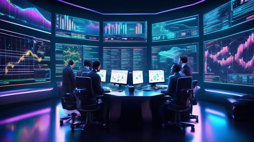 Create an image that depicts a futuristic trading room with advanced AI technology at its center. The room is filled with holographic displays showing real-time cryptocurrency charts and data analytics. Traders are interacting with AI-powered assistants, receiving insights and solutions to optimize their trading strategies. The atmosphere is dynamic and vibrant, capturing the essence of overcoming challenges and maximizing profits in AI-assisted crypto trading. The AI is personified as a digital entity, symbolizing cutting-edge advancements and future trends in the trading industry.