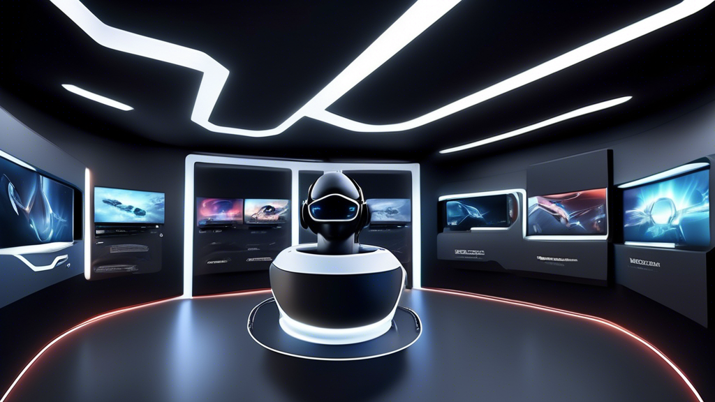 Create an image that showcases a futuristic showroom displaying the latest VR headsets for gaming. The room is filled with sleek, modern stands, each highlighting a different leading VR headset model. Include detailed close-ups that emphasize the unique features of each headset, such as advanced lenses, ergonomic designs, and wireless capabilities. Incorporate visual representations of their technical specifications, like AI enhancements, high-resolution displays, and 3D spatial audio. The showroom should have an aesthetic that reflects innovation and cutting-edge technology, with bright, neon lighting and holographic displays providing information on each model