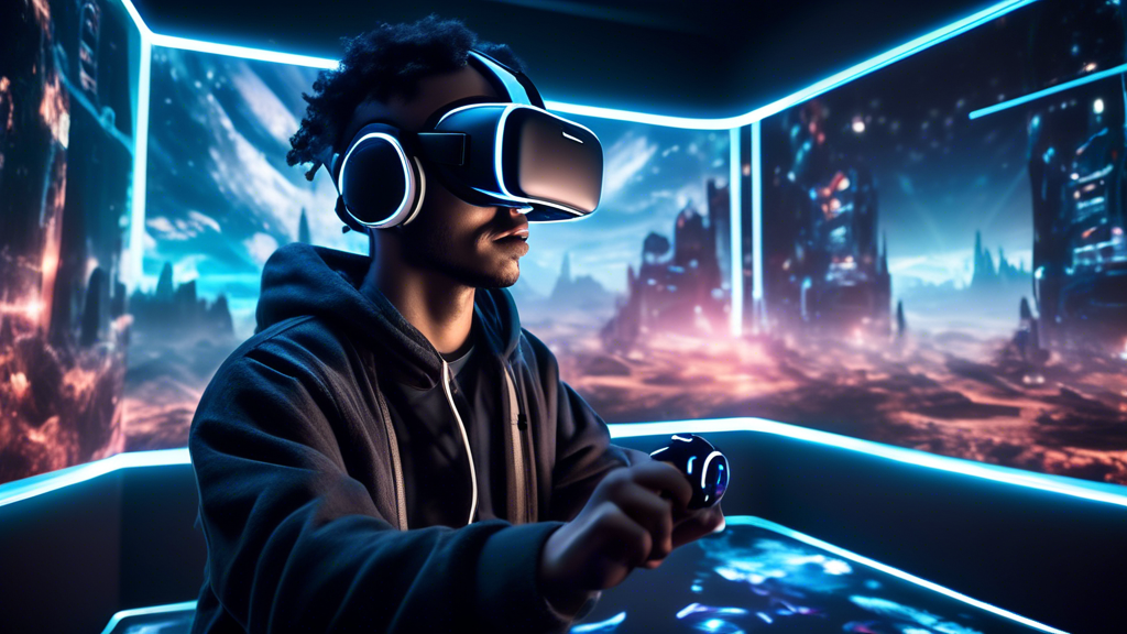 Create an imaginative and futuristic scene depicting a gamer in an advanced virtual reality environment using a next-generation VR headset. The headset should look sleek and cutting-edge, with holographic interfaces and glowing elements. Surround the gamer with a blend of digital and physical worlds, showcasing exotic landscapes, animated creatures, and interactive elements that are seamlessly integrated. The image should convey a sense of innovation and potential, reflecting on the future possibilities and challenges that VR technology might bring to the gaming world. Let the setting suggest an evolution of technology over the years, hinted by visual trinkets of the past.