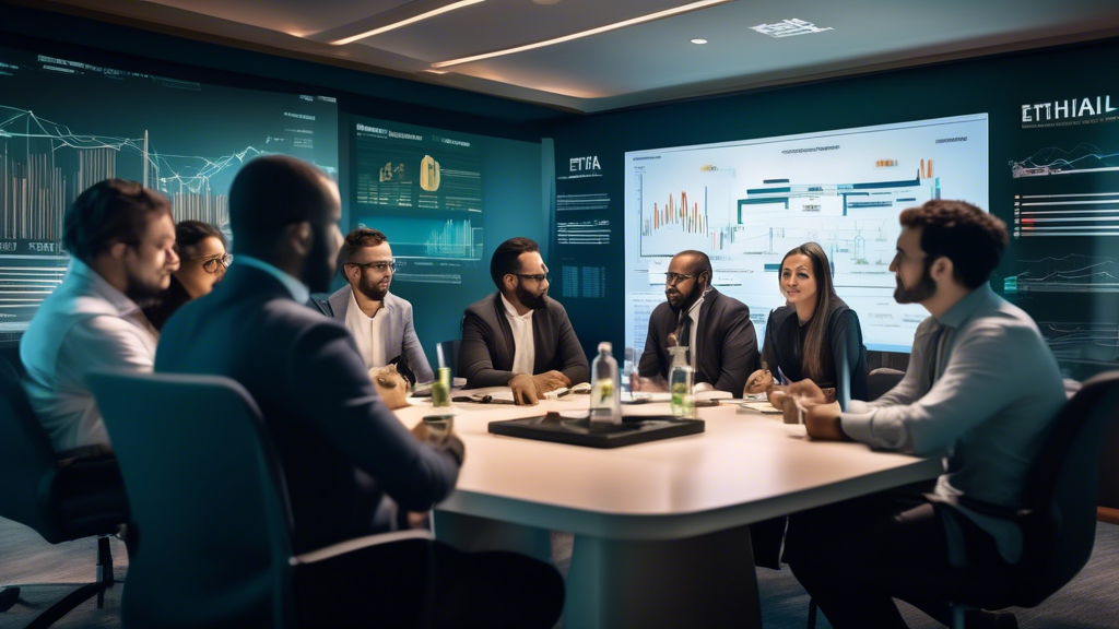 Create an image depicting a diverse group of people gathered around a table, engaged in a discussion about investing ethically through Islamicoin Finance. The setting is a modern, stylish conference room with a digital presentation on the screen behind them, showcasing graphs and data related to social responsibility and wealth distribution. The individuals are looking inspired and focused, symbolizing the integration of ethical values into financial decision-making. The ambiance is one of collaboration and positive energy, with elements that subtly hint at Islamic culture, such as geometric patterns and calligraphy.