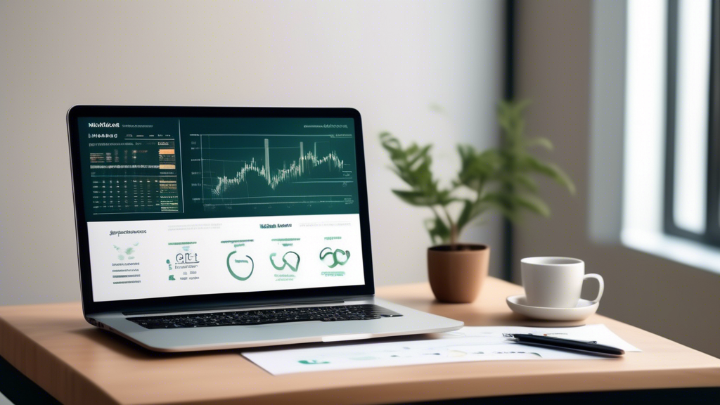 Create an image depicting a serene workspace where an aspiring ethical investor is beginning their journey into Islamicoin Finance. The table is adorned with Islamicoin Finance guides and materials, showcasing detailed charts and investment portfolios. On one side, a laptop displays a website for Islamicoin investment opportunities. Nearby, there are brochures or business cards of financial advisors specializing in Shariah-compliant services. The ambiance is enhanced by elements of Islamic architecture and design, conveying a sense of cultural richness and ethical integrity. The backdrop subtly integrates symbols of sukuk and halal mutual funds, while softly lit lamps give the scene a warm, inviting atmosphere.