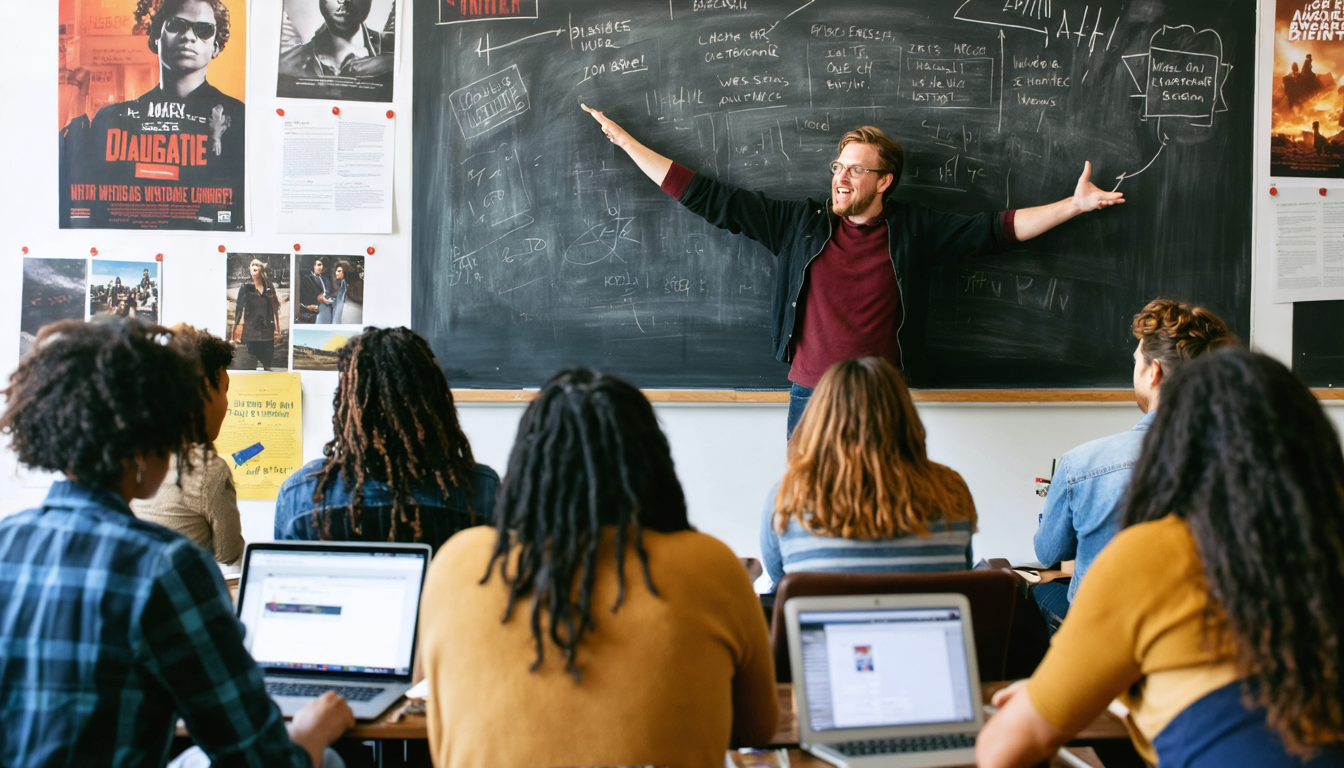 Create an image of a cozy, intimate writing workshop at the American Film Institute, where a diverse group of aspiring screenwriters are deeply engaged in a dialogue-centric exercise. The room is filled with an assortment of movie posters and script pages pinned to the walls. The instructor, animated and expressive, is gesturing towards a chalkboard filled with dialogue tips and character sketches. Some students are laughing as they read aloud their lines, while others jot down notes, capturing the lively, creative atmosphere. The focus is on the interaction and exchange of ideas, highlighting the AFI