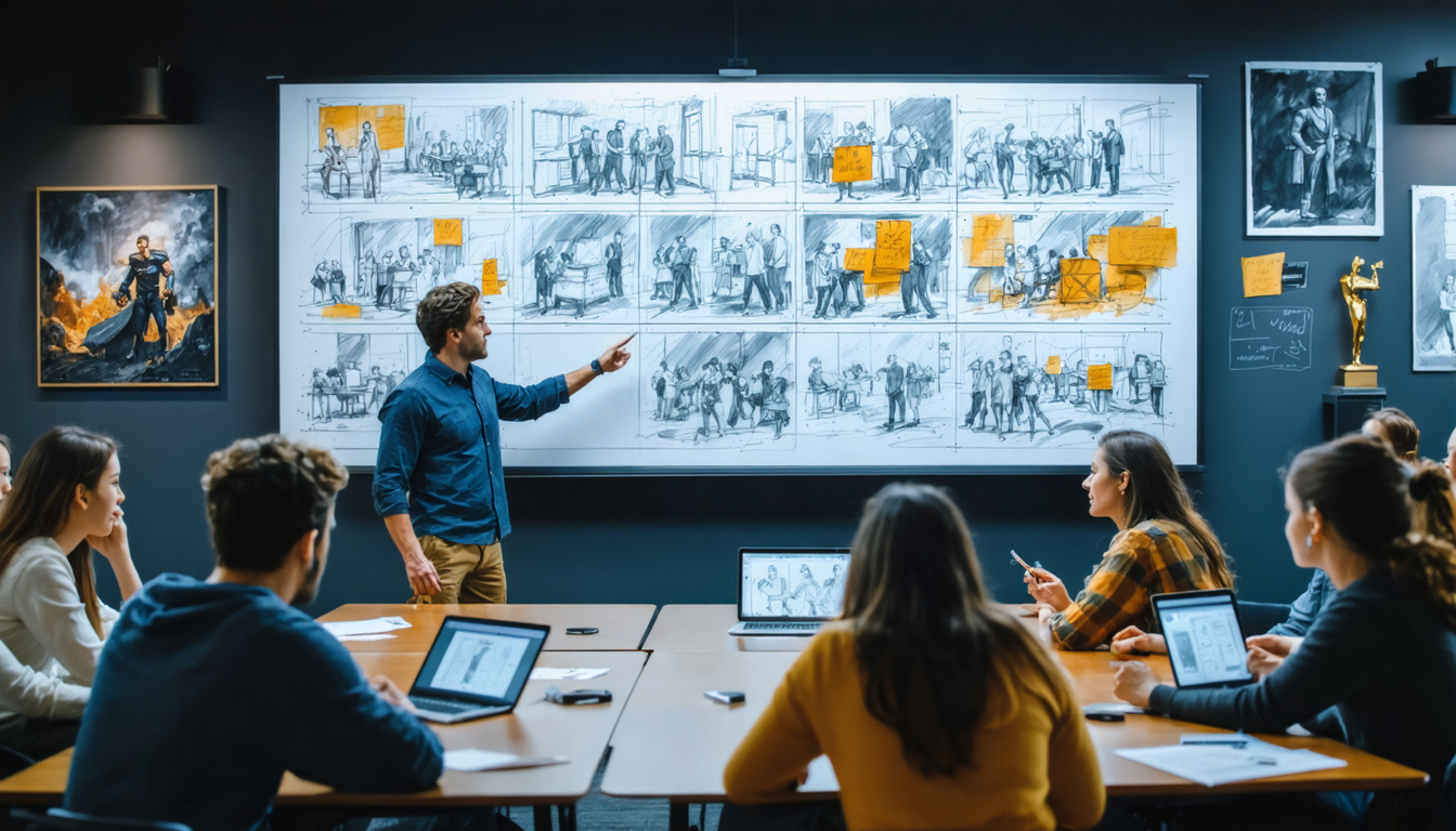 Create an image of a classroom setting at the American Film Institute, where a group of aspiring screenwriters are gathered around a large digital display. The display showcases dynamic storyboards, highlighting the concept of show, don’t tell through vibrant, cinematic sketches depicting key emotional moments in a screenplay. The room is filled with engaged students, taking notes and sketching their story visions on tablets. Their instructor, a renowned screenwriter, passionately gestures toward the display, illustrating the power of visual storytelling. The backdrop includes film posters, awards, and AFI memorabilia, encapsulating the prestige and creativity inherent in the institute
