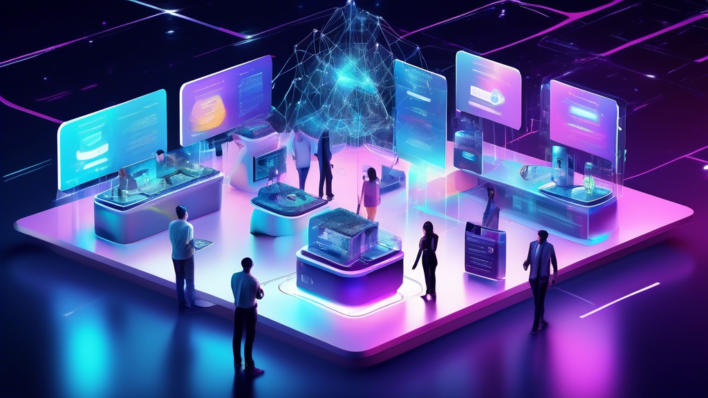 Create an image of a futuristic digital marketplace showcasing a variety of Smart DNS alternative services. Each service is displayed as a sleek, high-tech, floating holographic panel. The panels exhibit logos and key features such as pricing, device compatibility, and unique tools. The background should depict a vibrant, interconnected digital network, symbolizing global connectivity. Include diverse people interacting with the panels, representing the user reviews and experiences, creating a sense of a dynamic, modern tech space.