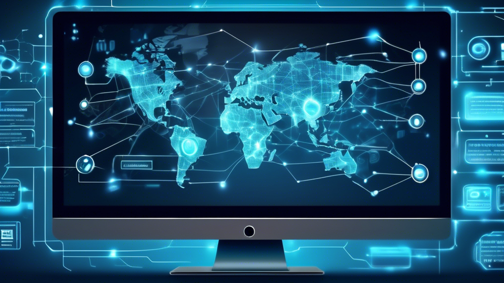 Create an image of a futuristic, sleek digital interface displaying a step-by-step guide on configuring alternative Smart DNS services across various devices like smart TVs, laptops, and smartphones. The background should feature a global network map to emphasize connectivity, with glowing nodes representing different DNS servers. Include visual elements like gears or digital locks to symbolize optimization and security, and use vibrant colors to reflect advanced technology. Keywords such as setup, maximize performance, and enhance security should be subtly integrated into the design.
