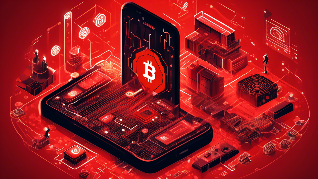 Create an intricate digital illustration that highlights the technical challenges of crypto mining on Android devices. The image should depict an Android smartphone attempting to mine cryptocurrency, surrounded by visual representations of its limitations, such as overworked processor depicted as red, overheating, exhausted batteries, and security threats symbolized by ominous digital cloud formations representing malware and hackers. Include elements illustrating strategies to optimize these issues, such as gear icons indicating software solutions and shield symbols for security enhancements, creating a balance between the challenges and solutions. The overall aesthetic should be dynamic and tech-focused, with a mix of dark and glowing neon colors to evoke a sense of digital complexity and urgency.