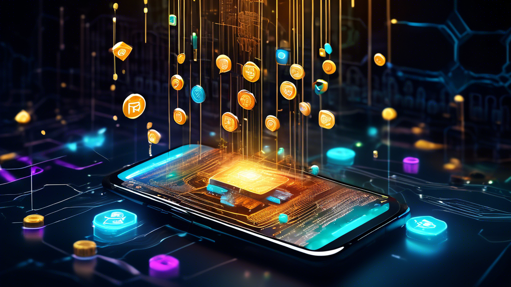 Create an image that showcases a futuristic and dynamic scene of an Android smartphone engaged in crypto mining. The screen of the device displays various crypto mining apps and tools with glowing, high-tech interfaces. The background features digital elements like blockchain visualizations, cryptocurrency symbols, and vibrant data streams flowing into the phone, signifying active and efficient mining. The image should convey a sense of innovation and productivity, highlighting the best practices and tools for successful crypto mining on Android devices.