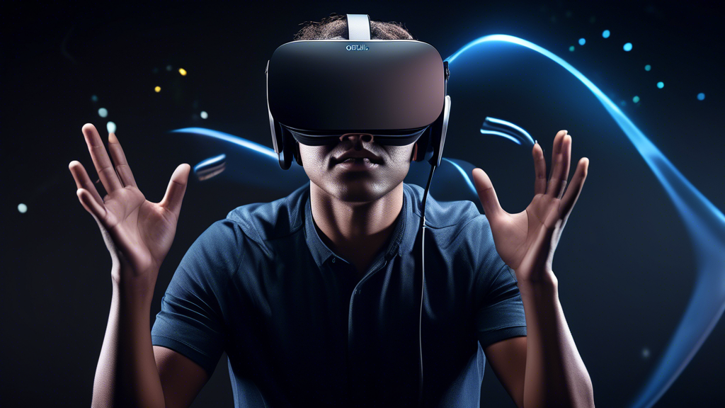 Create an image showcasing the advanced technical features and innovations of the Oculus Rift 2, highlighting the sleek design and ergonomic improvements. Focus on the new sensor and tracking technologies integrated into the headset, visually representing their impact on user experience and comfort. Display the headset in a futuristic setting, with floating holographic interfaces and dynamic light patterns illustrating the enhanced interactivity and precision of the device.