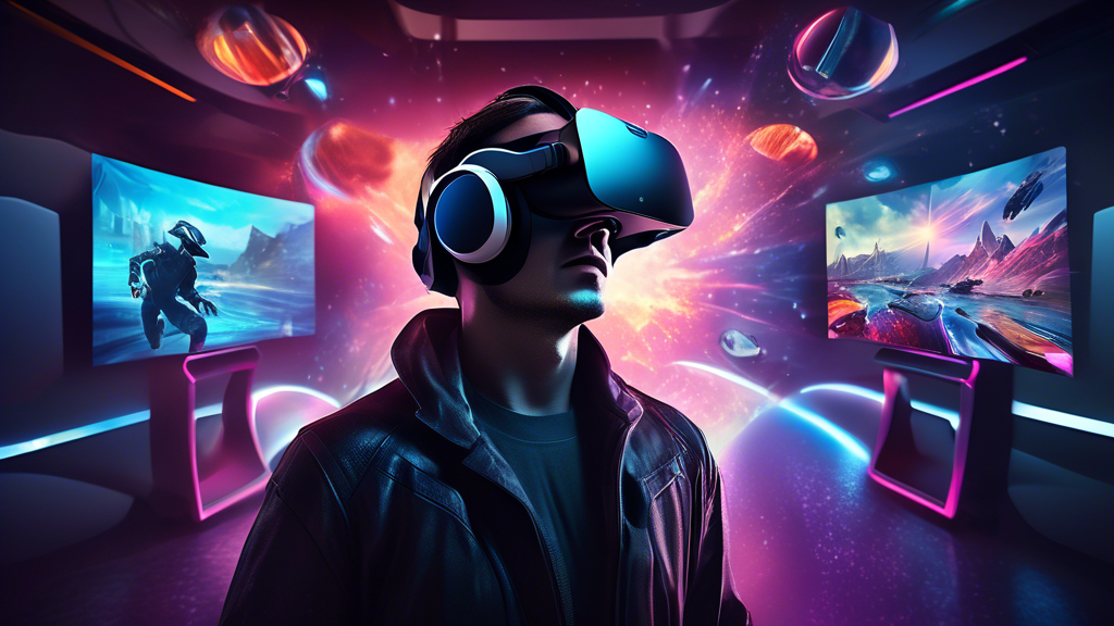 Create an image of a futuristic VR gaming scene showcasing the Oculus Rift 2. The artwork should depict a captivating vision of the future, illustrating how the Oculus Rift 2 revolutionizes gaming experiences. Include a blend of vibrant digital landscapes and players immersed in a fully interactive environment, all wearing sleek Oculus Rift 2 headsets. Highlight how this technology could transform entertainment and other industries, with virtual elements seamlessly integrated into real-world settings. The vibe should be innovative and exhilarating, encapsulating the impact of Oculus Rift 2 on the future trajectory of virtual reality gaming.