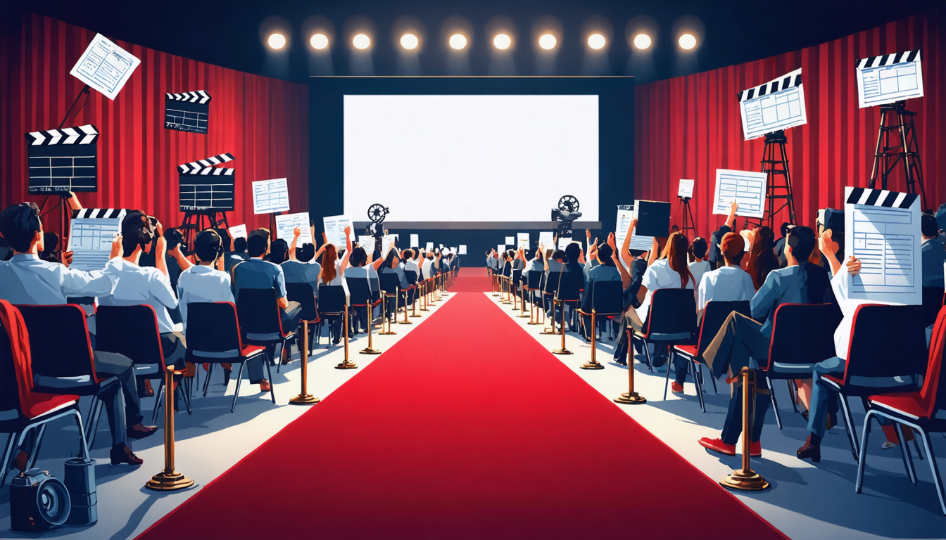 Create an image that captures the essence of the most prestigious screenwriting contests of 2023. The scene should include iconic elements representing the Academy Nicholl Fellowships, Austin Film Festival Screenplay Competition, and PAGE International Screenwriting Awards. Feature a dramatic red carpet leading to a grand film festival venue, adorned with film reels, director