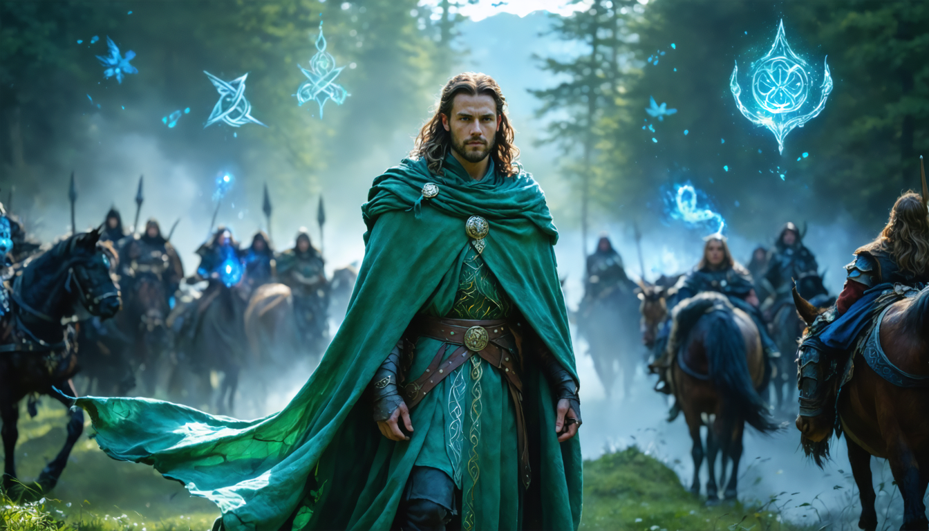 Create an image of a mythical Celtic landscape where vibrant, ethereal characters are interacting with their surroundings. In the foreground, a Celtic hero stands poised, clad in intricately detailed traditional garments, embodying strength and wisdom. Surrounding him are mystical creatures and guardians, each detailed with elements of the Celtic natural world, like lush forests and misty moors. In the background, faint silhouettes of ancient Celtic symbols hover in the air, weaving a sense of legend and tradition into the scene. The atmosphere is one of enchantment and history, capturing the essence of Celtic storytelling through its complex and compelling characters.