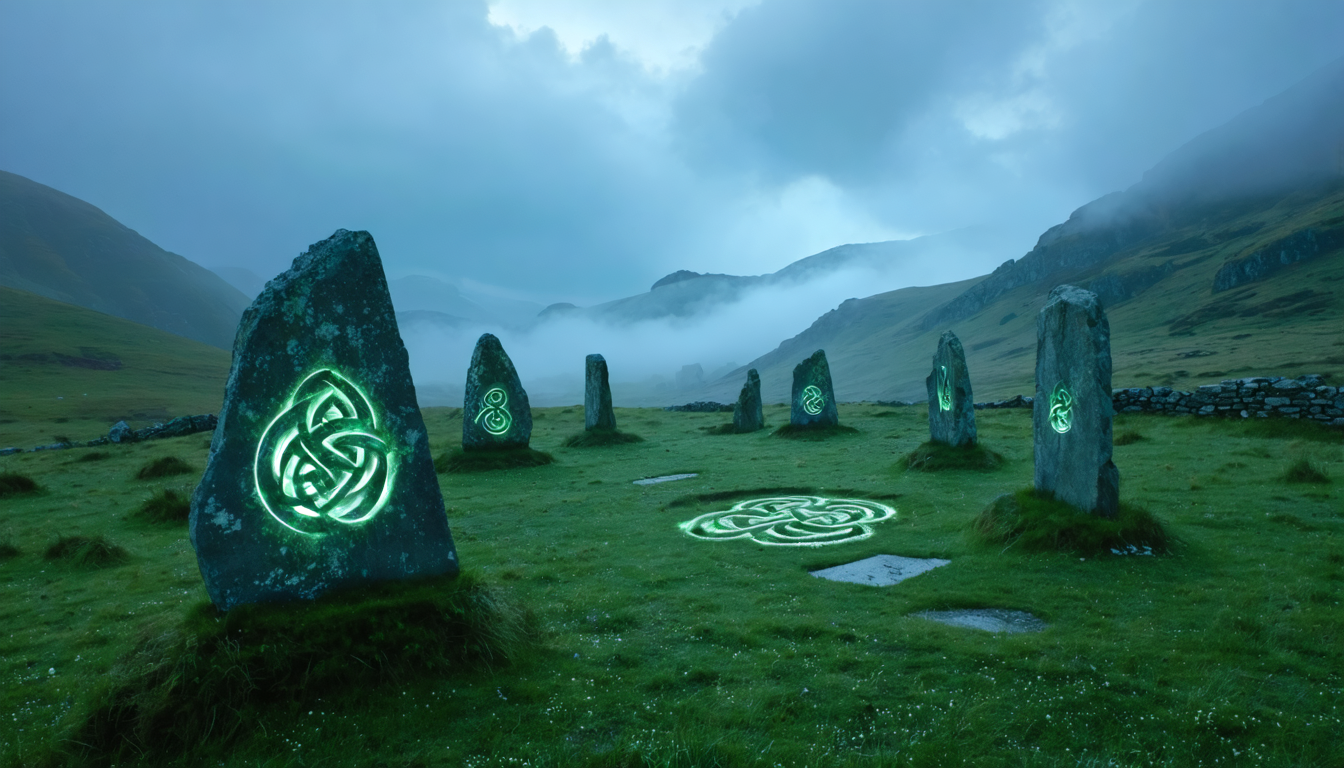 Create an image showcasing a mystical Celtic landscape enveloped in mist, with rolling green hills and an ancient stone circle in the foreground. In the sky, the faint outline of a triskelion symbol is subtly integrated into the cloud formations. The setting is serene yet enigmatic, with softly glowing Celtic knots subtly etched into the stones, suggesting an ancient magic. This composition captures the essence of a Celtic screenplay, rich in symbolism and atmospheric depth, offering inspiration to screenwriters.