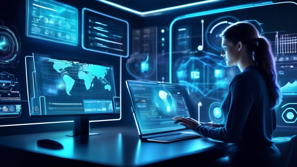 Create an image illustrating a futuristic, digital control center filled with holographic screens and interfaces. The main focus is on a person using advanced technology to optimize their internet experience through Smart DNS VPN. Display screens showing graphs and charts about internet speed, security metrics, and stability diagnostics. Include small digital icons indicating troubleshooting tools and tips for maintaining a secure and stable connection. The setting should evoke a sense of cutting-edge technology and empowerment in managing one