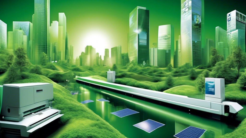 Create an image that depicts the modern market impact of MJM Drucker printers, illustrating their current influence and future trends. The scene should include a futuristic cityscape where MJM Drucker printers are prominently displayed in various business settings. Highlight their role in sustainable practices with green technology elements, such as solar panels and eco-friendly materials. Incorporate elements that suggest innovative market strategies, like virtual interfaces showing data analytics and market trends. Use the keyword MJM Drucker to visually show their brand presence in this future-oriented depiction.