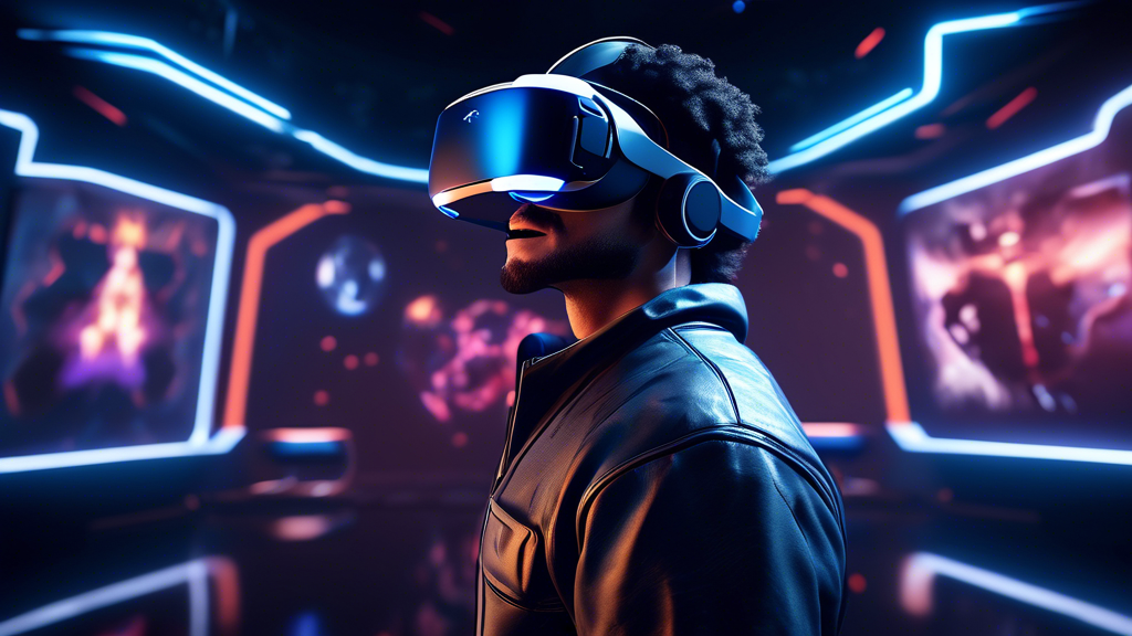 Create an image of a futuristic, immersive gaming environment showcasing a player using a VR headset with hyper-realistic graphics. The setting features vibrant and dynamic scenes from different popular and exclusive video games optimized for the VR PlayStation 5. Depict enhanced gameplay mechanics, such as interactive landscapes and detailed characters, that highlight the depth of the virtual reality experience. The player should appear fully immersed, with visuals that emphasize the advanced technology and captivating nature of the VR PlayStation 5.
