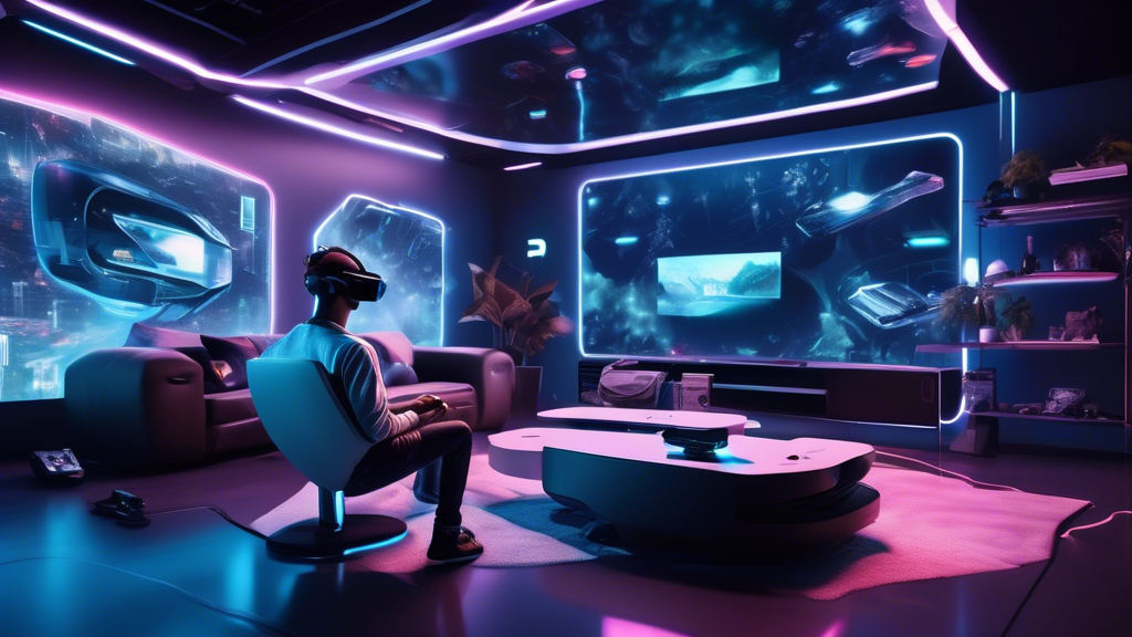 Prompt: Create an image showcasing a futuristic living room where a gamer is immersed in a VR experience with the PlayStation 5. The room is filled with advanced technology and gadgets, illustrating the cutting-edge nature of VR gaming. The player wears a sleek VR headset, fully absorbed in an expansive digital landscape displayed on a floating holographic screen. Emphasize the high-tech environment, emphasizing the PlayStation 5 console prominently featured in the scene. Add a futuristic cityscape visible through large windows to signify the evolving content and constant updates that keep the gaming experience fresh. Highlight the keyword vr PlayStation 5 subtly within the environment, ensuring it blends seamlessly into the high-tech aesthetic.