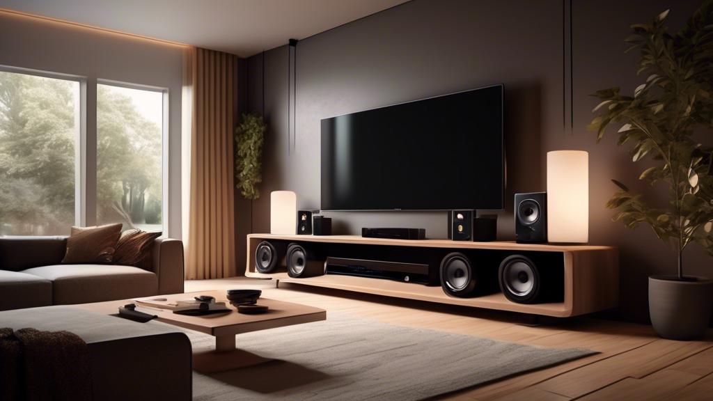 Create an image showcasing a modern living room with an immersive audio setup. The scene should include various high-end speakers, headphones, and a smart TV streaming Dolby Atmos music. Display graphics or visual indicators that emphasize spatial sound and audio immersion. The environment should have a cozy, inviting atmosphere, with soft lighting that reflects a dynamic listening experience. Add subtle elements like music notes or sound waves emanating from the speakers to illustrate the concept of Dolby Atmos music streaming and its impact on the listening experience.