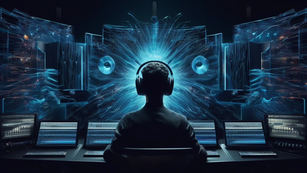 **DALL-E Prompt:** Create an album cover that visually represents the transformative impact of Dolby Atmos music streaming on the music landscape. Illustrate a dynamic scene featuring a diverse group of artists and production teams collaborating in a high-tech studio environment. Incorporate elements reflecting immersive audio experiences, like sound waves radiating in 3D from speakers, and musical notes swirling around them. Include futuristic audio equipment and a lively live concert setting in the background, showcasing the integration of Dolby Atmos technology into live events. Use vibrant colors to convey energy and innovation in music.