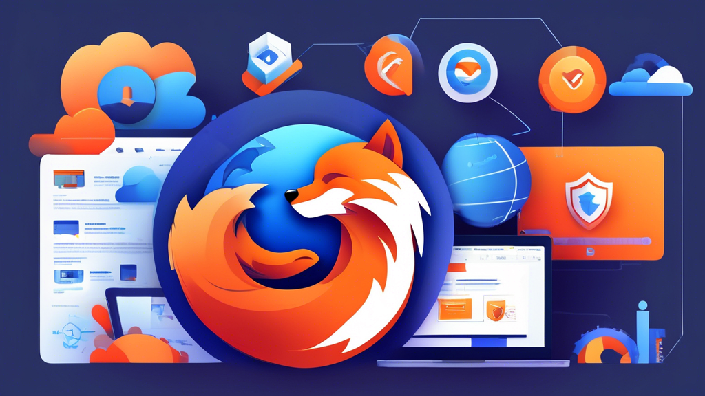 Create an informative and visually engaging illustration that showcases the process of setting up and using Firefox VPN effectively. Include a step-by-step visual guide with icons or graphics representing installation, optimization tips, and common troubleshooting solutions. The scene should depict a user-friendly interface on a computer screen, alongside visual elements that symbolize online privacy and security, such as a lock, shield, and globe. Use a clean and modern design that emphasizes the ease of use and efficiency of Firefox VPN.