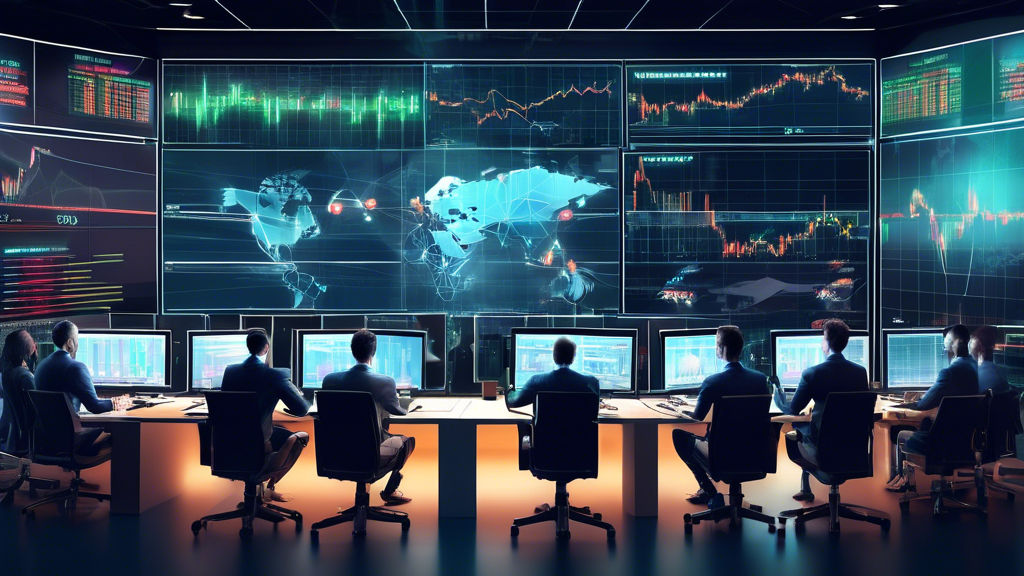 Create an image that illustrates the dynamic world of forex and crypto trading strategies. The scene should depict a diverse group of traders in a modern trading office, focusing intently on a large interactive digital screen. On the screen, various charts and graphs are visible, representing both forex and cryptocurrency markets. The image should highlight the use of advanced technology and tools, such as AI-driven predictive graphs and trading bots, which are helping traders to make informed decisions. Additionally, include visual representations of risk management techniques like stop-loss orders and position sizing, exemplified by labeled diagrams or icons. The overall atmosphere should convey a sense of strategic focus and technological advancement.