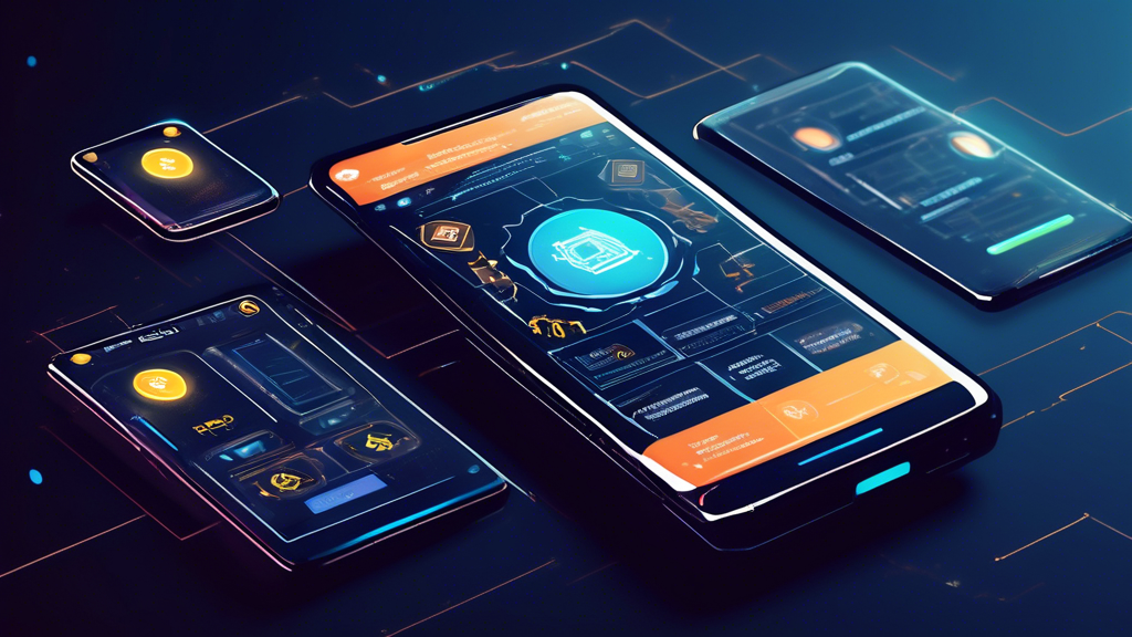 Create an image depicting a futuristic Android smartphone screen displaying a crypto mining app interface. The screen should show animated graphics of a crypto block chain and status updates of the mining process. The background should include digital symbols and subtle representations of app icons for recommended software, while the smartphone itself is set on a desk surrounded by tech gadgets. The image should convey a sense of advanced technology and efficiency, highlighting the theme of optimizing Android devices for crypto mining.