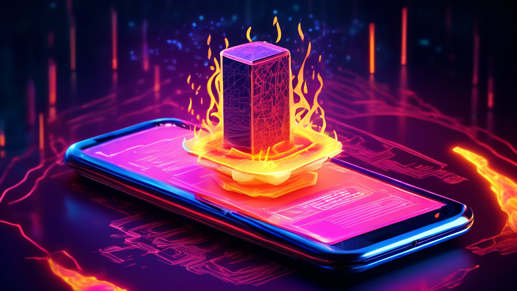 Create an image depicting a stylized Android smartphone engulfed in digital flames, representing the high performance and battery risks associated with crypto mining. Display warnings in the form of holographic caution symbols emerging from the device, highlighting security risks and potential malware threats. In the background, faint outlines of legal documents and scales of justice symbolize the legal and ethical considerations. Use a futuristic and slightly dystopian color palette to emphasize the precarious nature of crypto mining on mobile platforms.