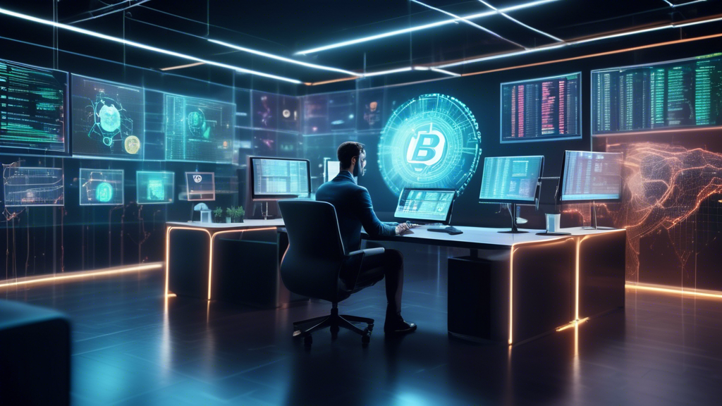 Create an image of an investor in a modern, sleek office environment surrounded by holographic displays of various crypto AI trading bots. The displays show detailed analytics and charts, each representing different features, such as risk management levels, automation settings, and performance statistics. The investor is thoughtfully examining the data, with a variety of crypto coins subtly integrated into the background. The overall theme conveys decision-making, technology, and strategy development, emphasizing the selection process tailored to individual investment goals and risk tolerance in the world of crypto trading.