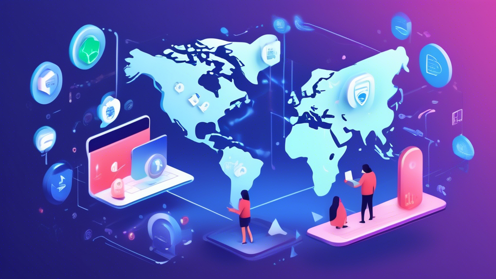 Create an image of a user thoughtfully choosing from a digital display featuring various free VPN options represented by icons, each with distinct features like privacy settings, data limits, and device compatibility symbols. The user is reviewing security tips and FAQs floating around them, symbolizing decision-making in a virtual space. The background should subtly hint at a world map with interconnected nodes, illustrating the global reach and unblocking capability of VPNs. The overall look should be futuristic, emphasizing technology and connectivity.