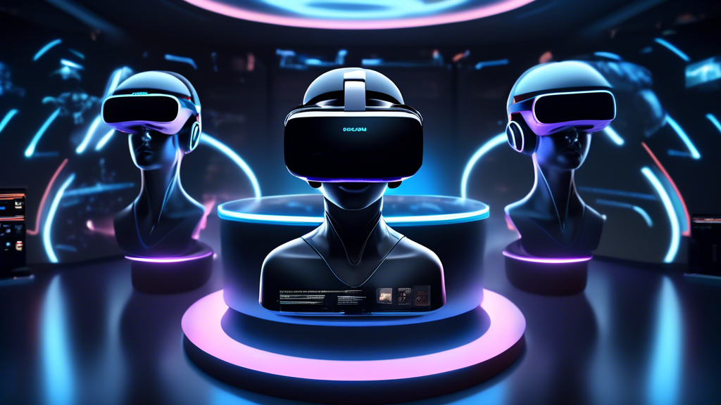 Create an image featuring a futuristic display table with multiple high-tech VR headsets showcased as the top models for 2023. The scene should include labels highlighting key features such as resolution, field of view, and audio quality. Each headset is connected to a sleek modern PC, showing a digital interface comparing prices and specs. The background should have a 2023 theme, indicating a cutting-edge tech exhibition. The overall ambiance should be one of innovation, with soft glowing lights and holographic charts illustrating performance comparisons.