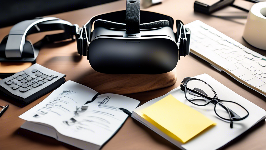 Create an image depicting a user-friendly guidebook or pamphlet titled Choosing the Best VR Headset for Your PC placed on a modern desk. Surrounding the guidebook are various elements symbolizing personal choices and preferences, such as a pair of stylish eyeglasses, a budget calculator, a gaming mouse, and a laptop displaying PC specifications. Additionally, scattered sticky notes with keywords like Display Quality, Comfort, Compatibility, and Extra Features add an engaging touch, illustrating the tips and considerations mentioned in the guide. The setting should evoke a sense of making informed, personalized decisions in tech shopping.