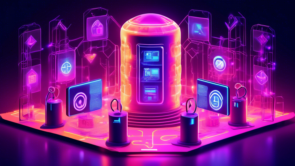 Create an image of a futuristic digital vault surrounded by glowing security barriers, symbolizing strong protection of digital assets. The vault is nestled within a vibrant virtual world rich with elements representing blockchain and cryptocurrency, such as floating crypto icons and chain links. The scene is dotted with caution symbols and magnifying glasses highlighting potential threats, while incorporating elements that represent security measures, such as padlocks and shields. The environment should exude a sense of both opportunity and vigilance in the pursuit of free crypto instantly.